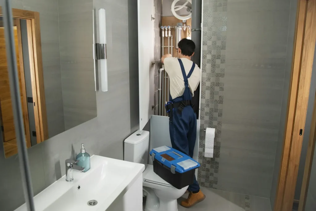 Plumber repairing bathroom plumbing in a Perth home