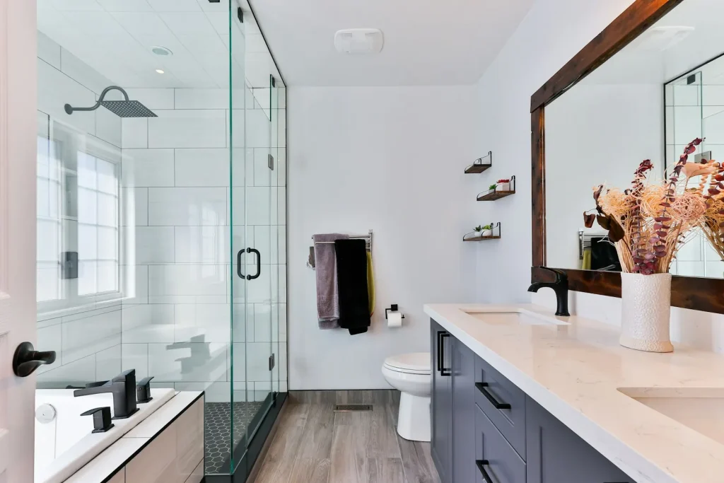 Modern bathroom with shower and vanity plumbing