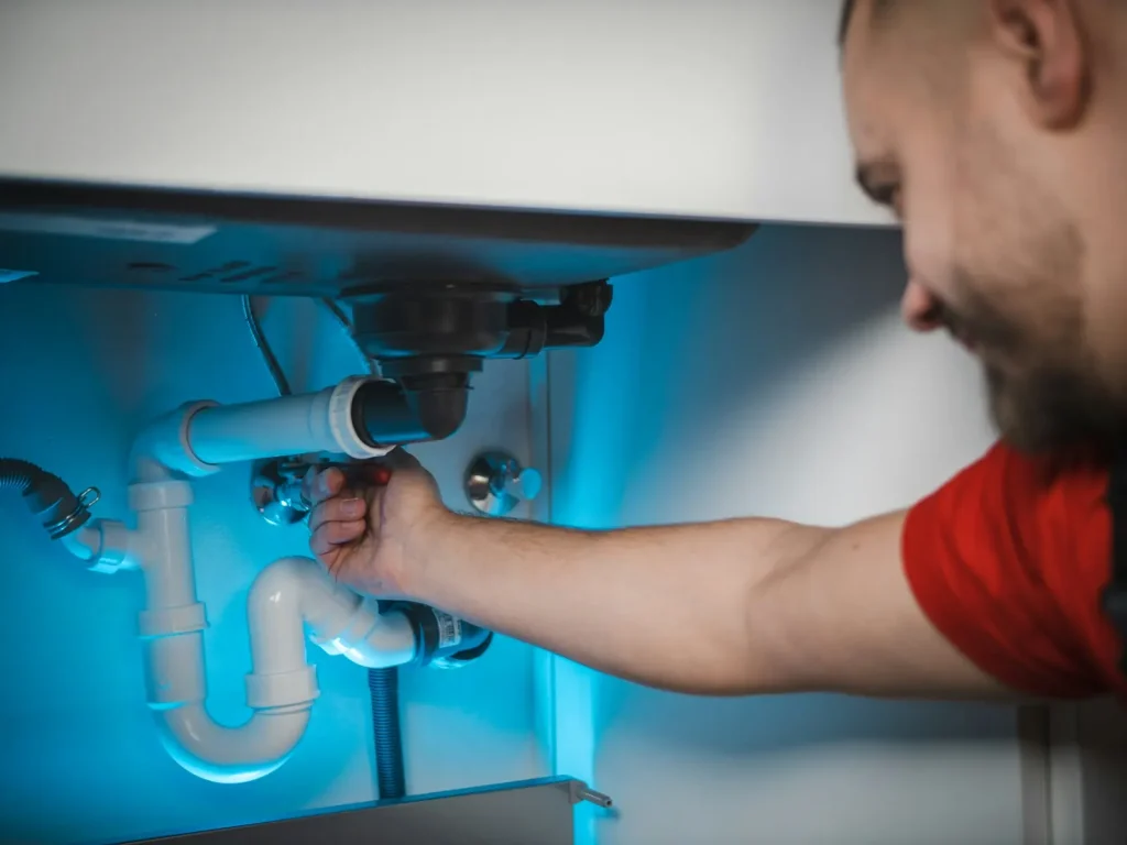 Plumber repairing the pipes under a sink